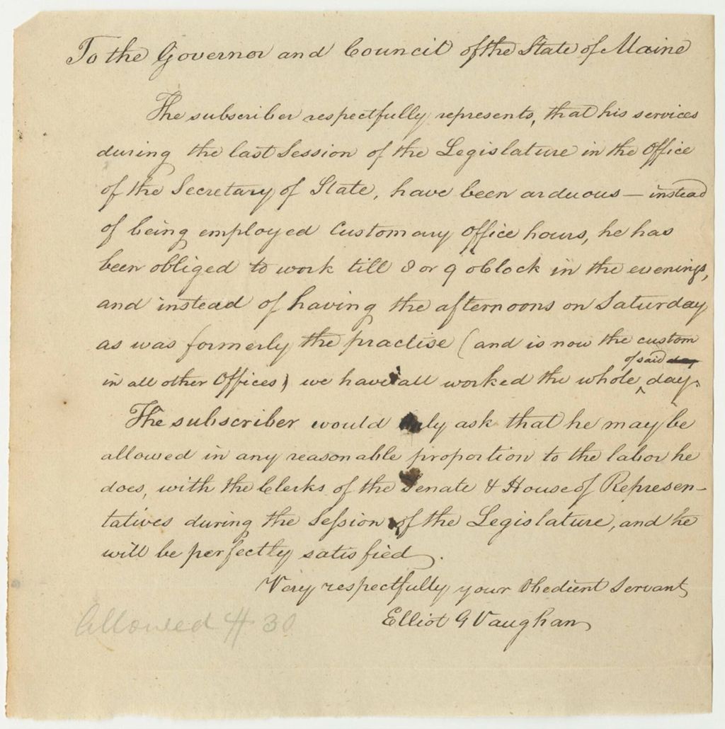 Miniature of Request of Elliot G. Vaughan for Compensation for Extra Work as Clerk in the Secretary of State's Office