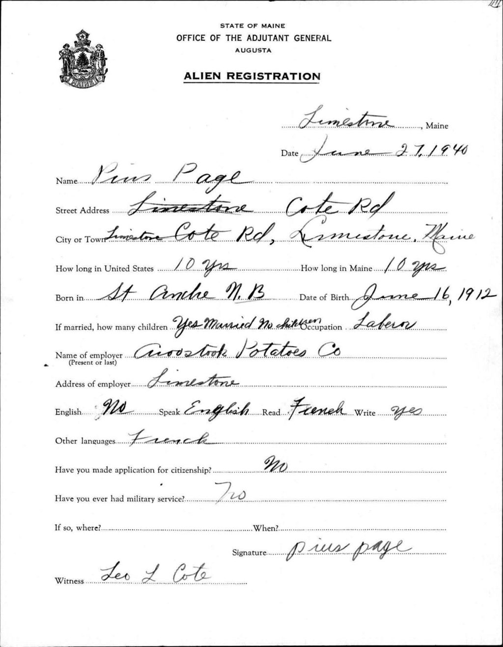 Miniature of Alien Registration- Page, Pius (Limestone, Aroostook County)