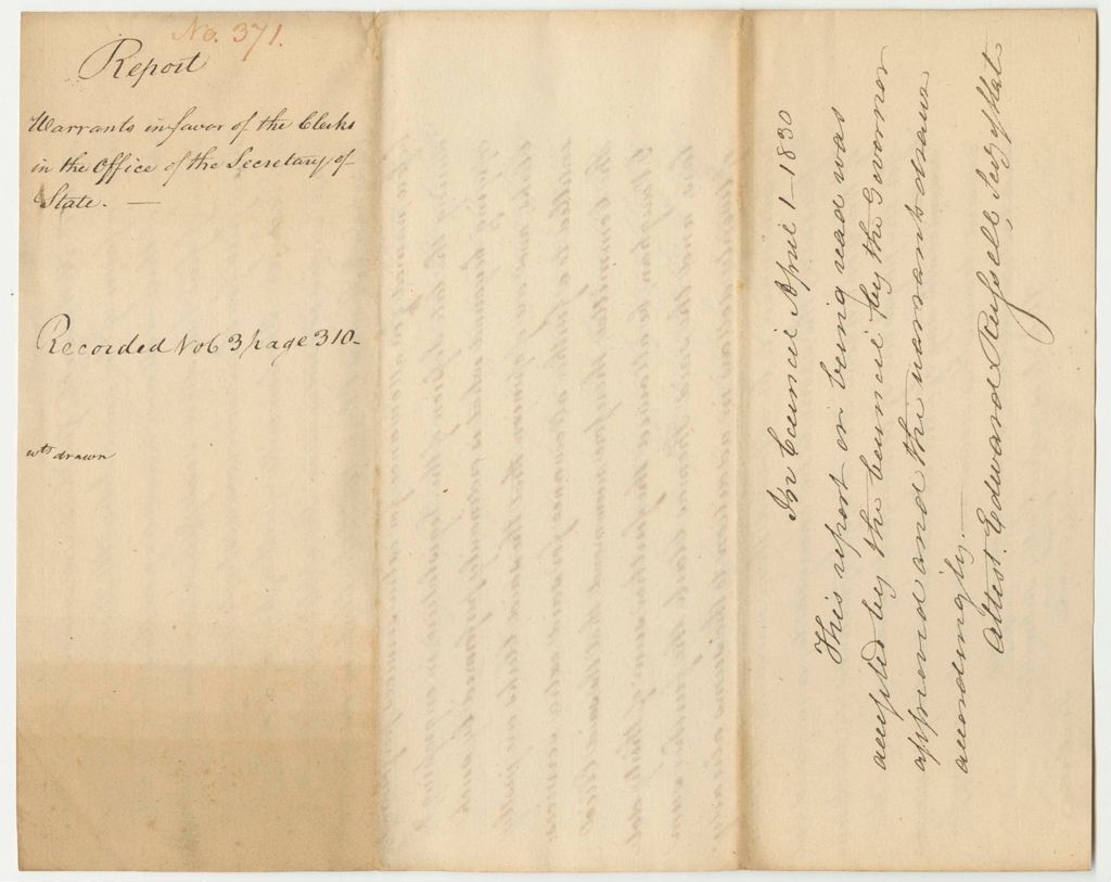 Miniature of Report 371: Report on the Warrants in Favor of the Clerks in the Office of the Secretary of State