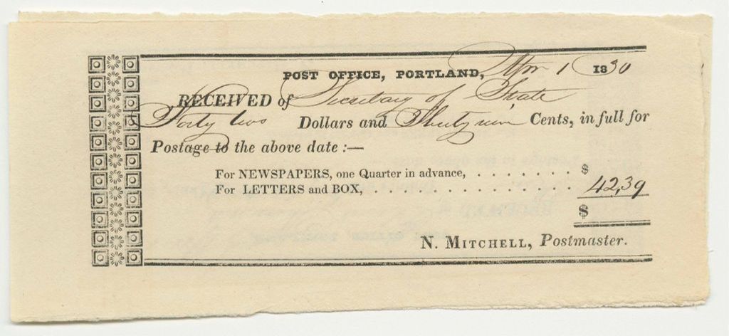 Miniature of Receipt from the Portland Post Office for Newspapers and Letters
