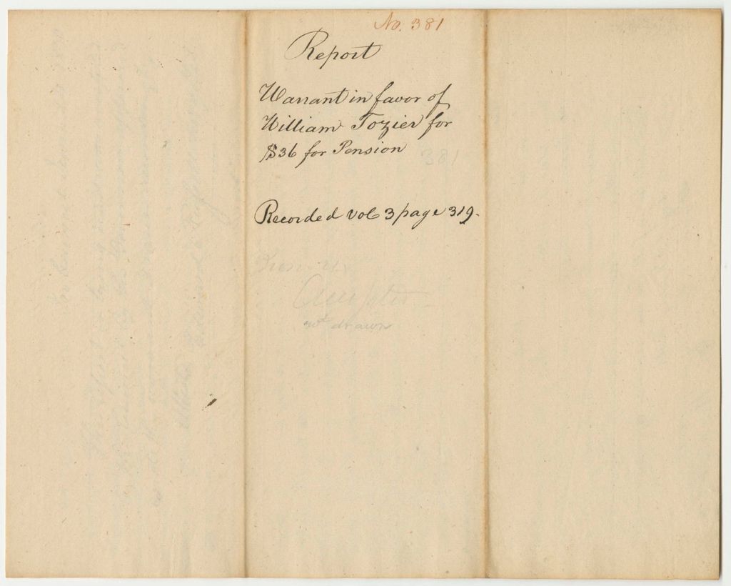 Miniature of Report 381: Report on the Warrant in Favor of William Tozier for a Pension