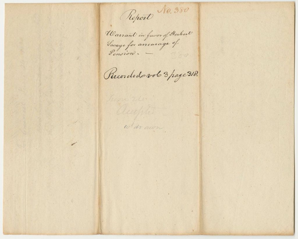 Miniature of Report 380: Report on the Warrant in Favor of Herbert Savage for an Arrearage of His Pension