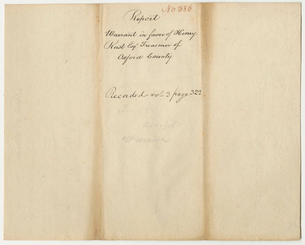 Miniature of Report 386: Report on the Warrant in Favor of Henry Rust, Esq., Treasurer of Oxford County