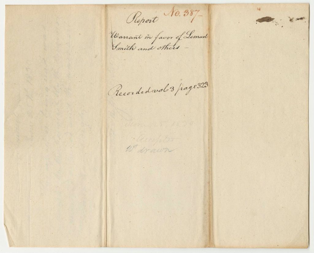 Miniature of Report 387: Report on the Warrant in Favor of Lemuel Smith and Others for a Quit Claim Deed to the State for Land in Sedgewick