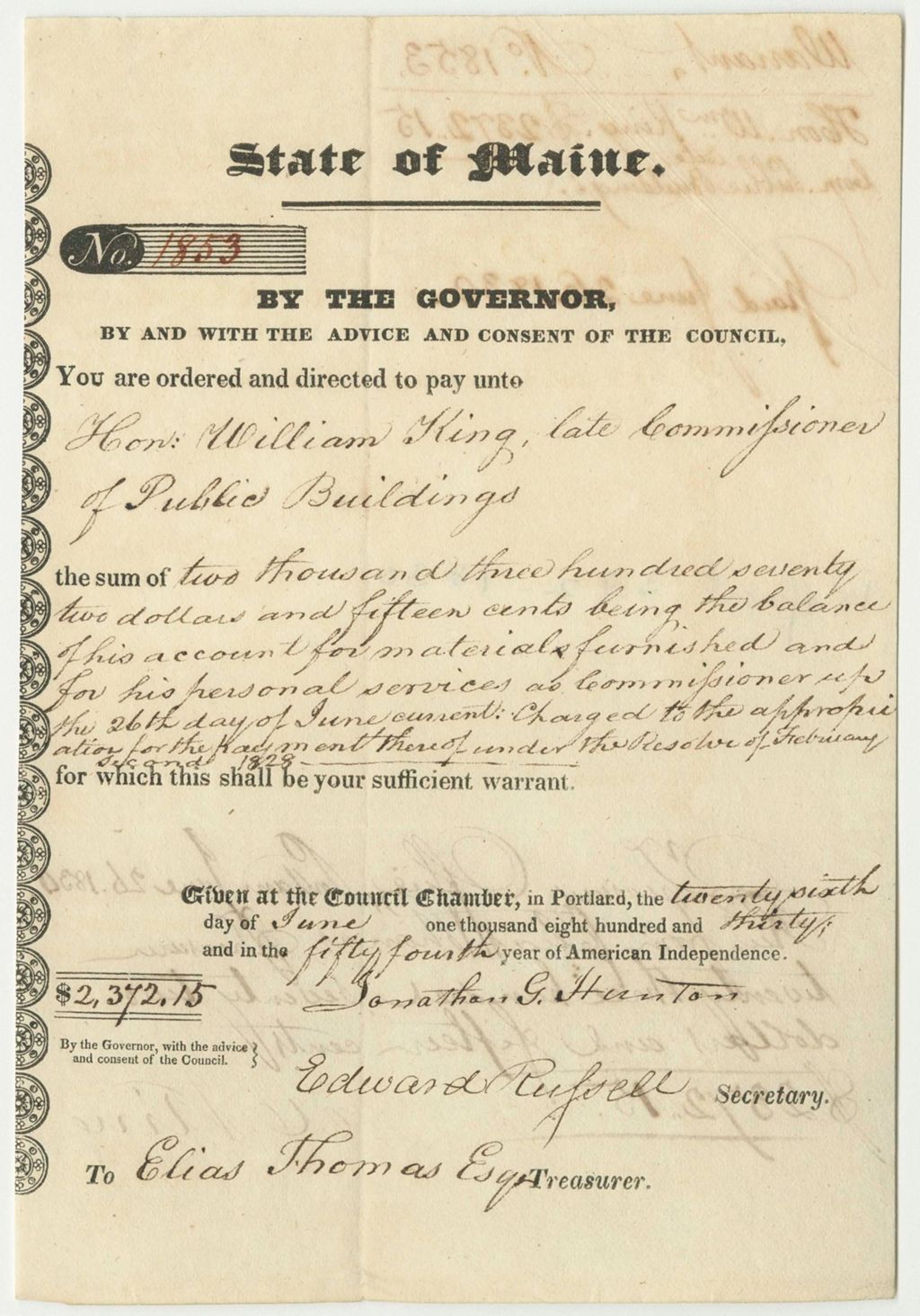 Miniature of Warrant in Favor of Hon. William King, Late Commissioner of Public Buildings