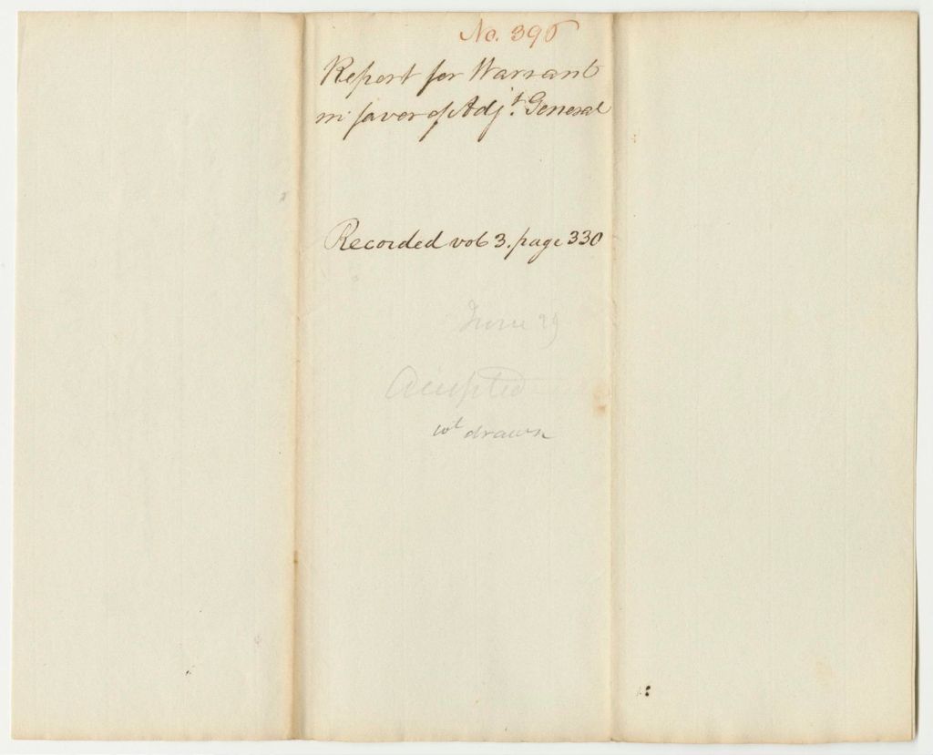 Miniature of Report 396: Report on the Warrant in Favor of Samuel G. Land, Adjutant General