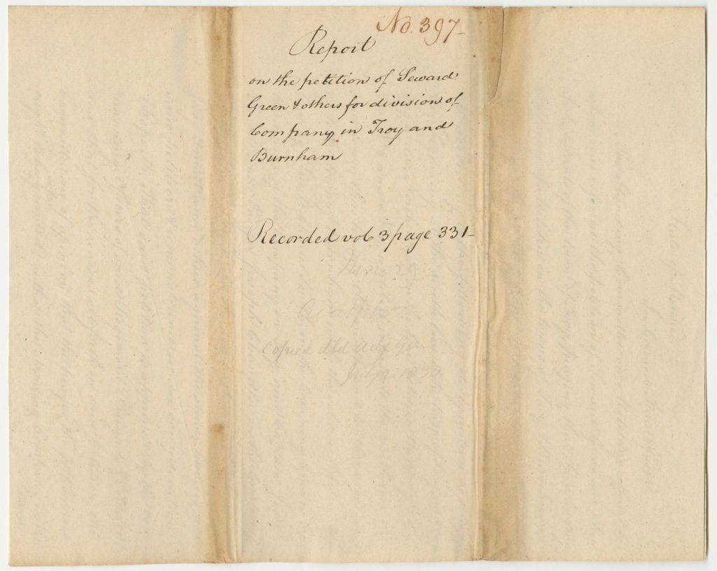Miniature of Report 397: Report on the Petition of Seward Green and Others for Division of the Company in Troy and Burnham