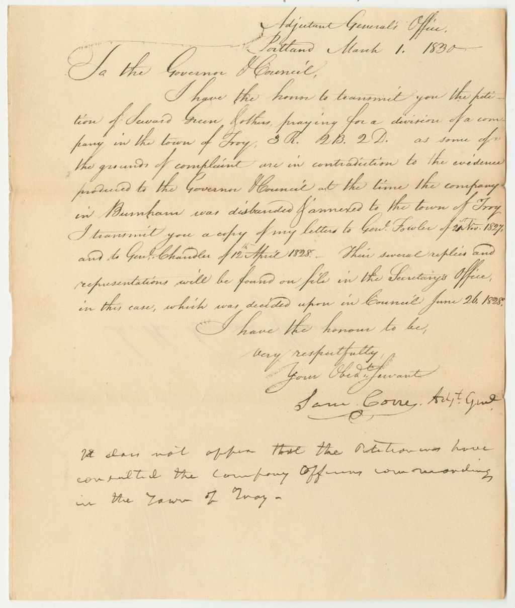 Miniature of Letter from Samuel Cony, Adjutant General, Relating to the Petition of Seward Green and Others for a Division of the Company in Troy
