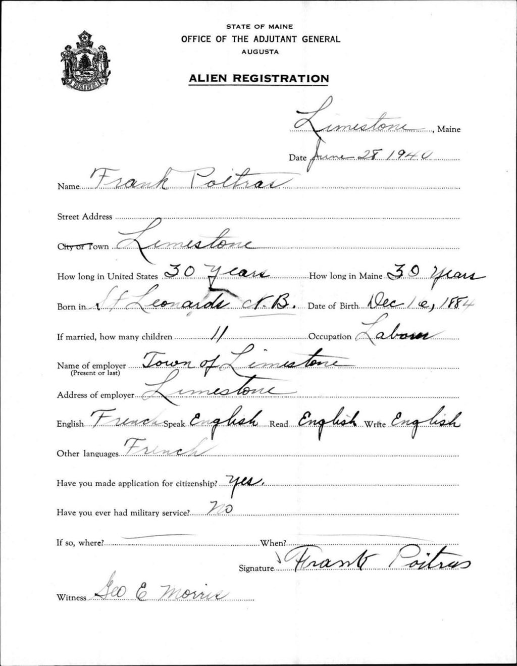 Miniature of Alien Registration- Poitras, Frank (Limestone, Aroostook County)