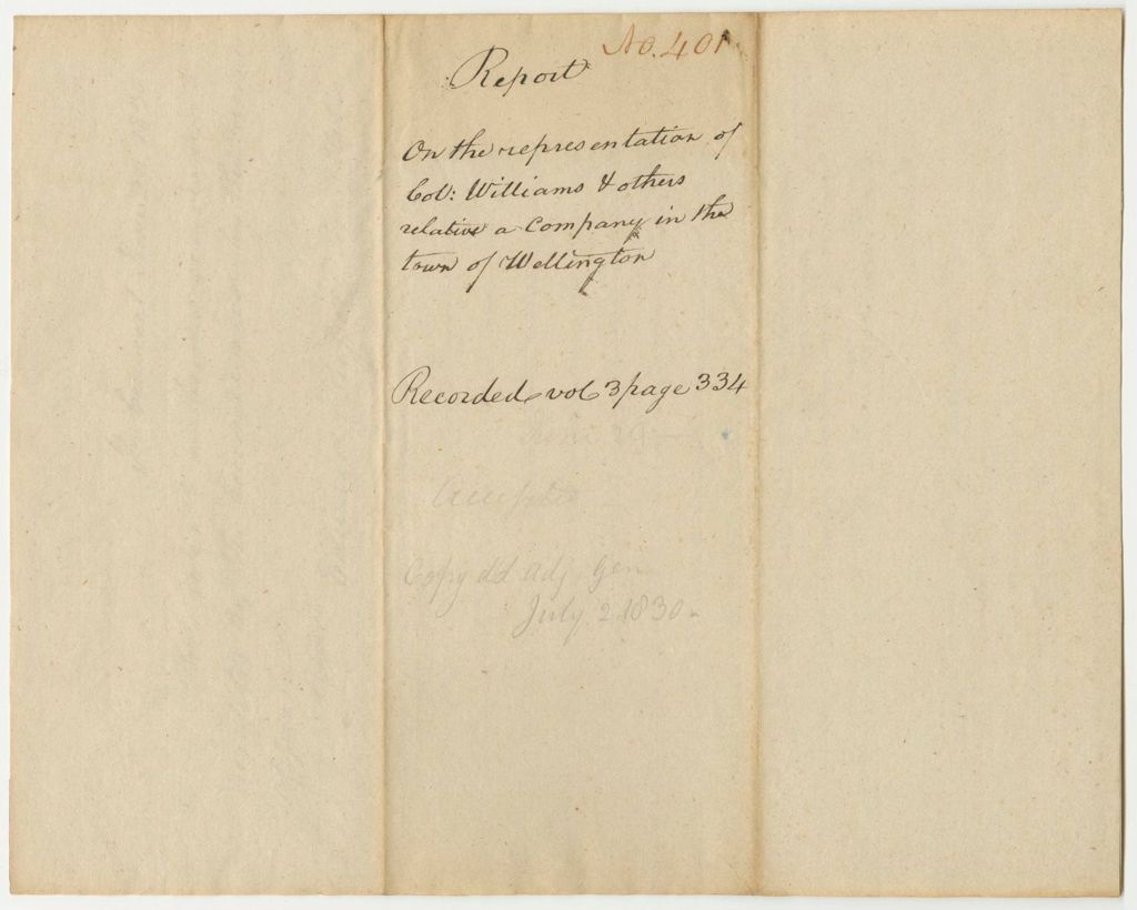 Miniature of Report 401: Report on the Representation of Col. Williams and Others Relative to a Company in Wellington