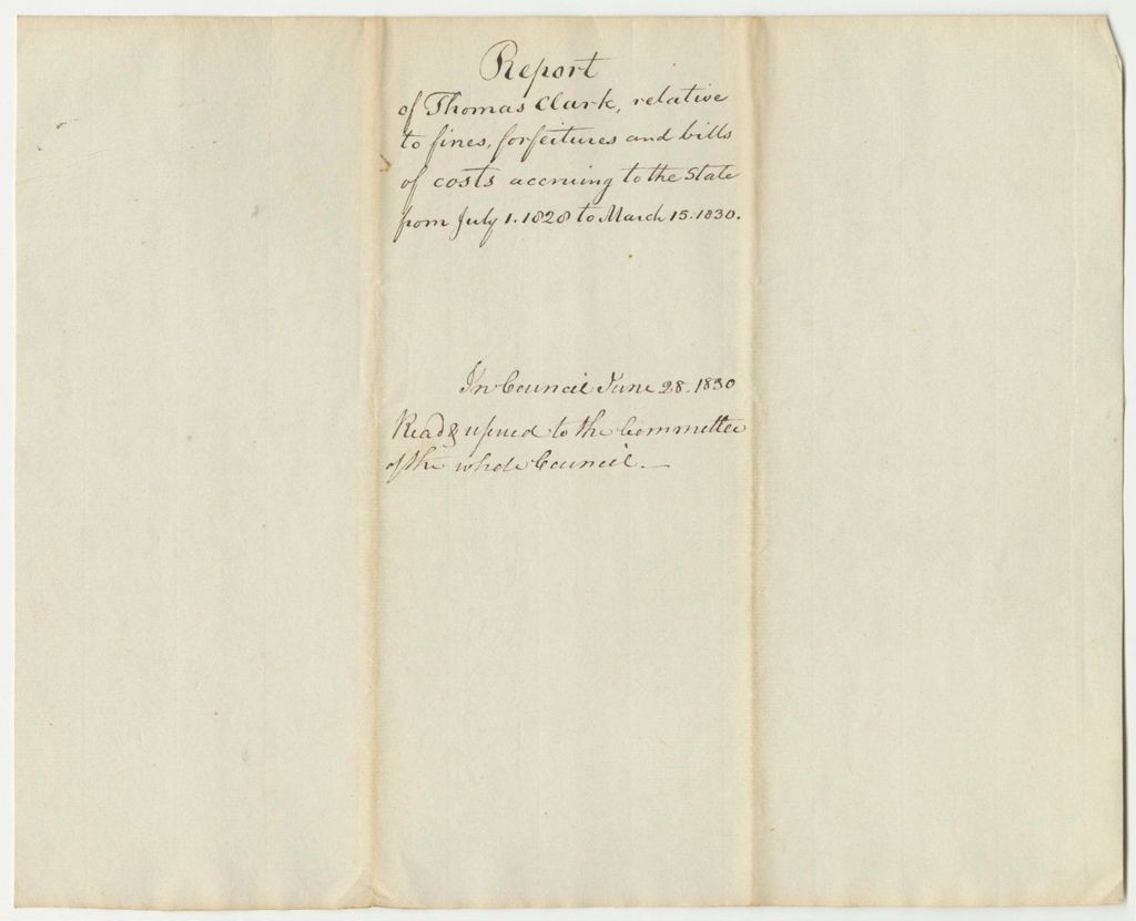 Miniature of Report of Thomas Clark, Relative to Fines, Forfeitures, and Bills of Costs Accruing to the State from July 1st 1828 to March 15th 1830