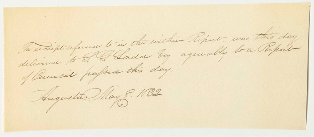 Miniature of Note Stating the Receipt Referred in Report 404 Has Been Delivered to Samuel G. Ladd