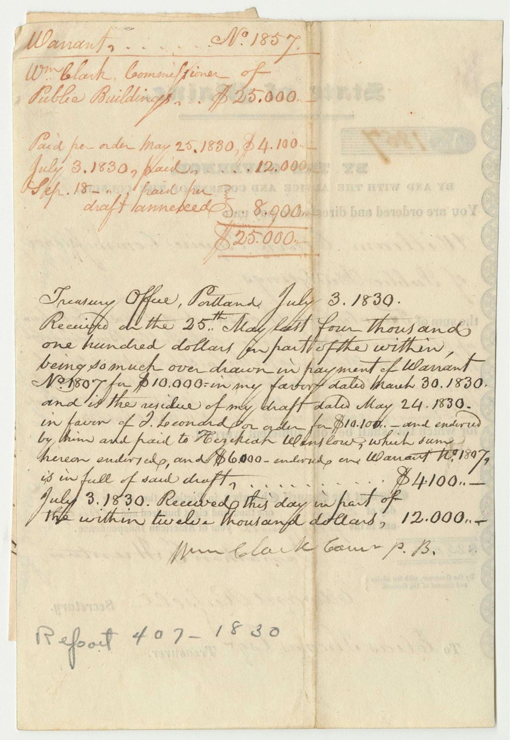 Miniature of Warrant in Favor of William Clark, Commissioner of Public Buildings