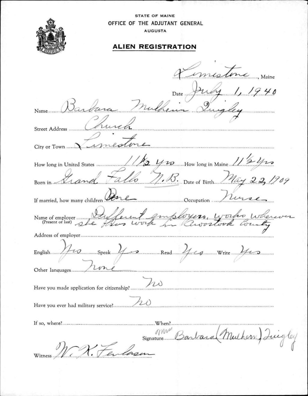 Miniature of Alien Registration- Mulhern, Barbara (Limestone, Aroostook County)