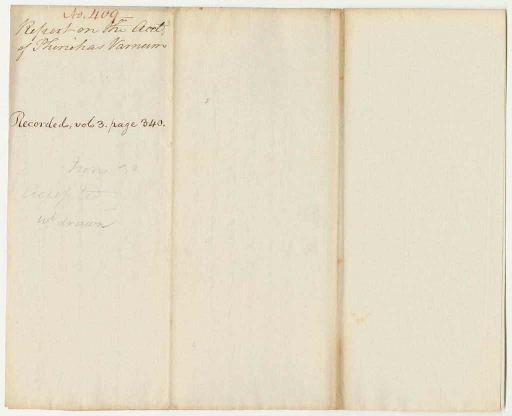 Miniature of Report 409: Report on the Account of Phinihas Varnum for Taking Inventory of All Military Stores in the State Arsenal at Mt. Joy