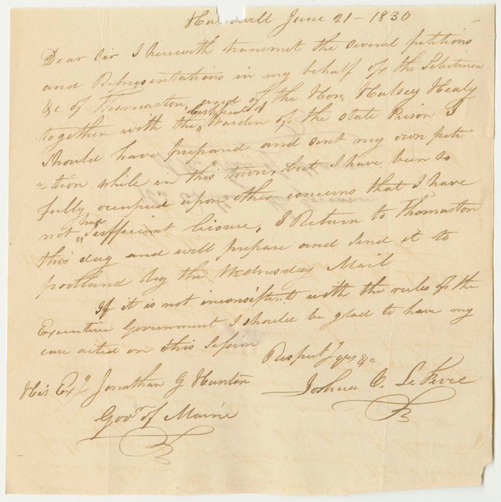 Miniature of Note from Joshua O. Le Fuere, Transmitting Petitions and Representations on His Behalf