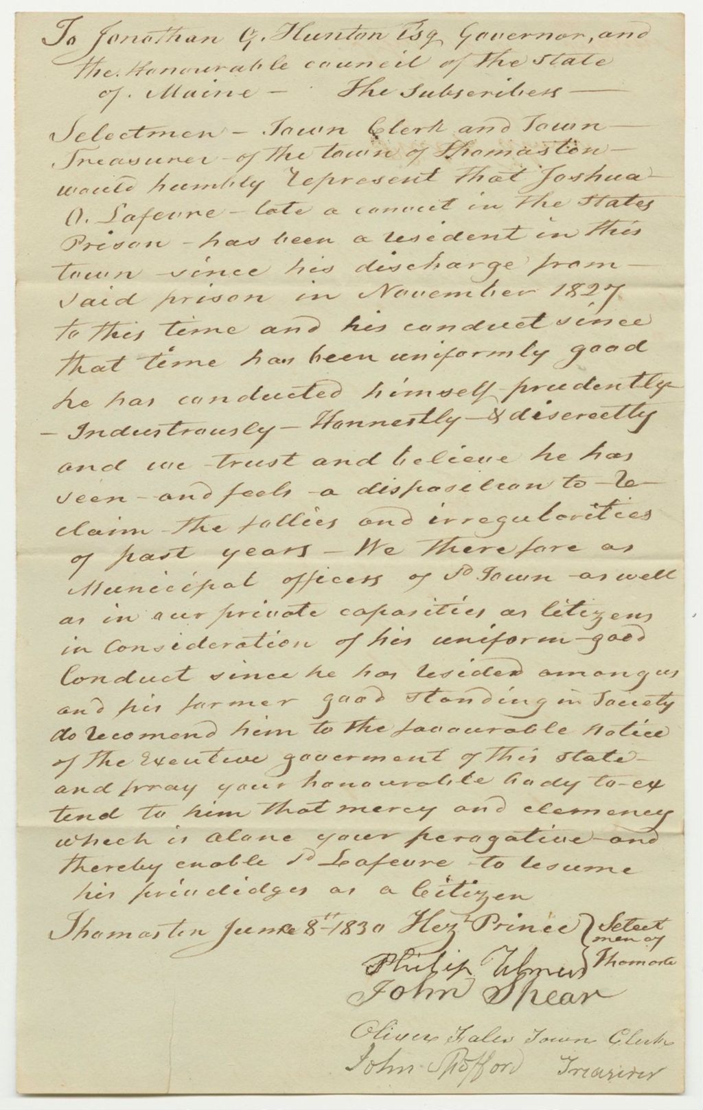 Miniature of Representation of the Selectmen of Thomaston for the Pardon of Joshua O. Le Feure
