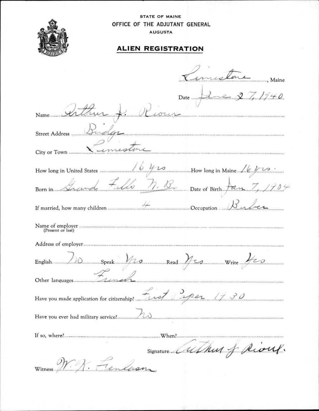 Miniature of Alien Registration- Rioux, Arthur J. (Limestone, Aroostook County)