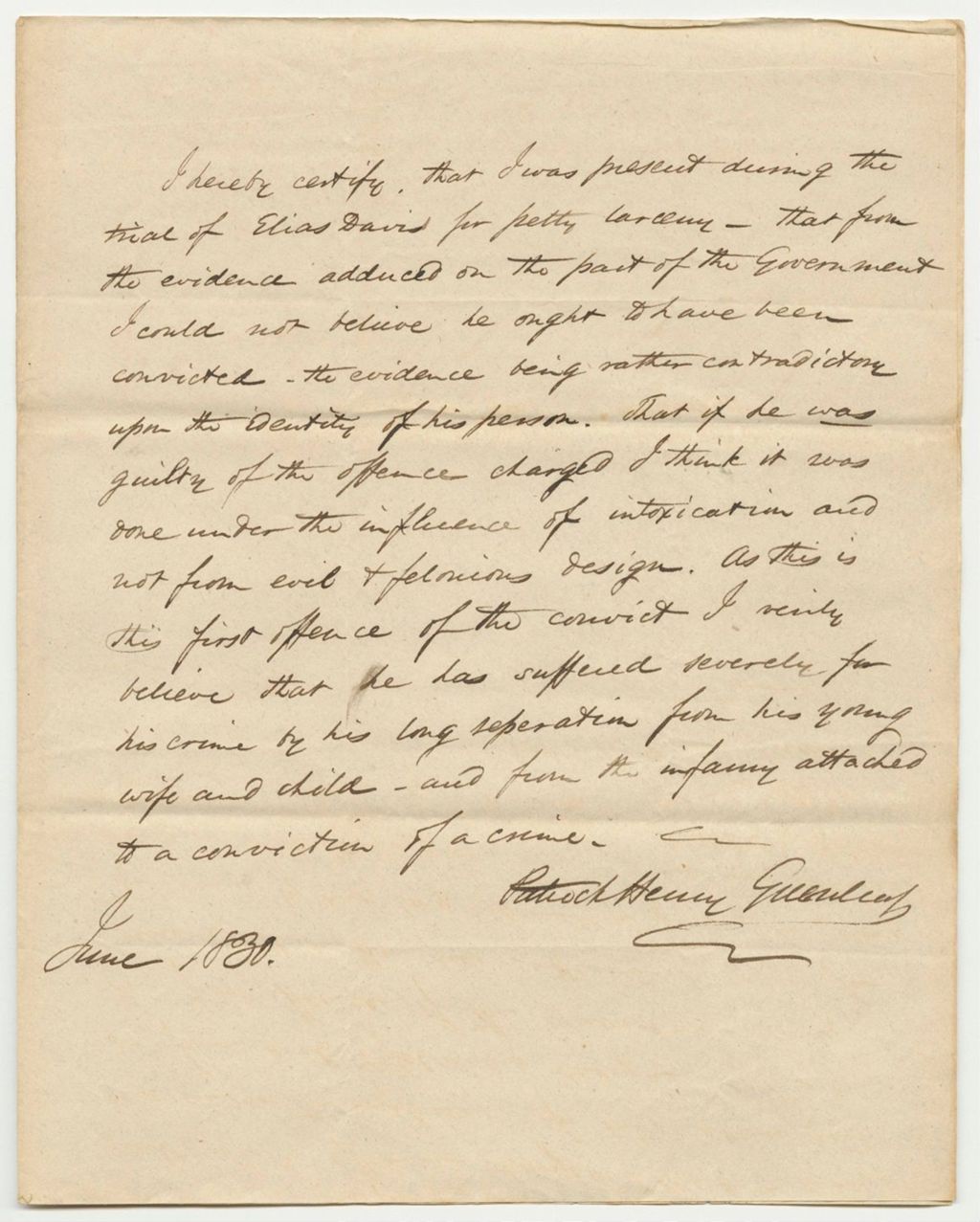 Miniature of Certificate from Patrick Henry Greenleaf, in Favor of the Pardon of Elias Davis