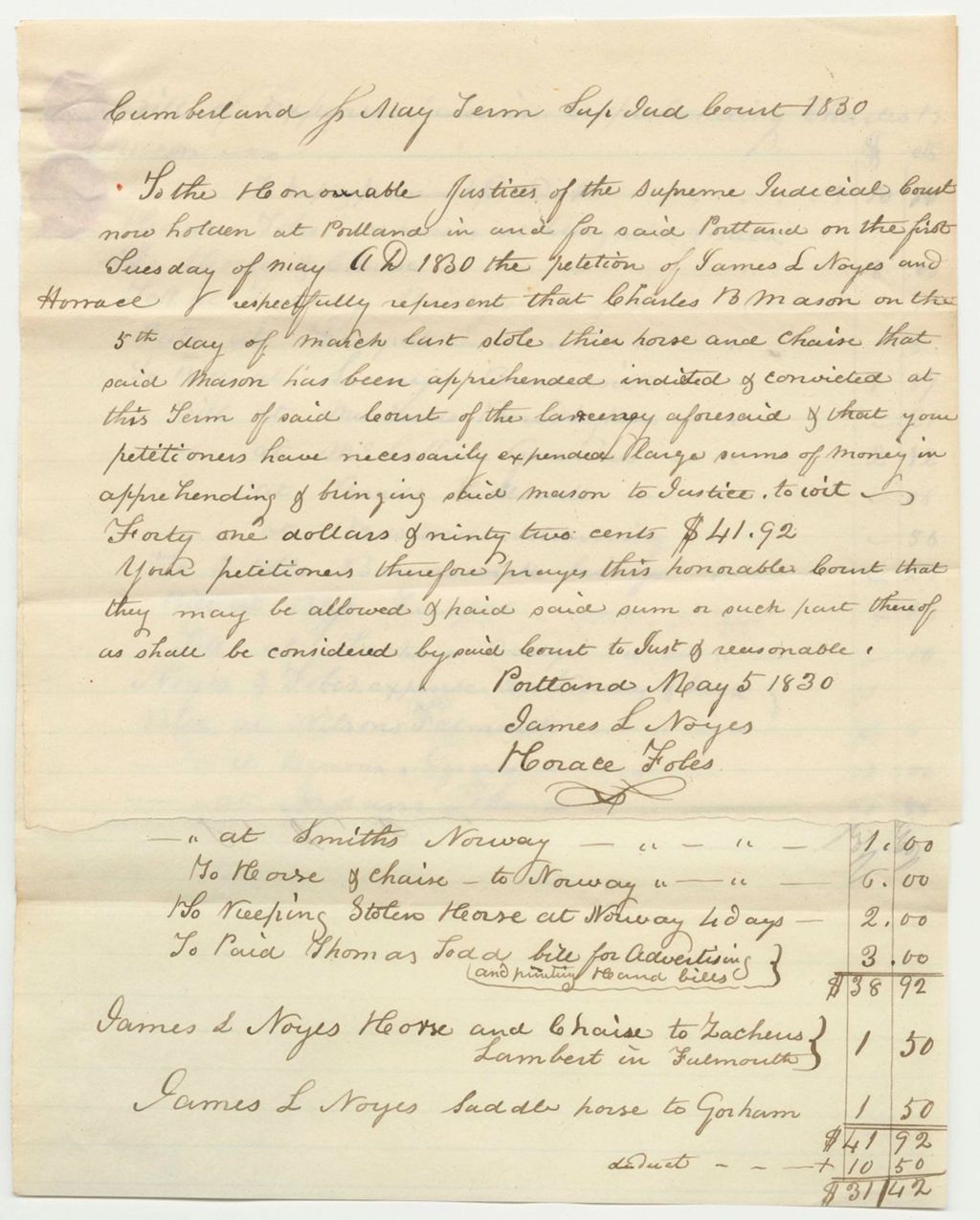 Miniature of Petition of Noyes & Fobes, Praying that the Court Will Reimburse Them for the Cost of Apprehending Charles B. Mason