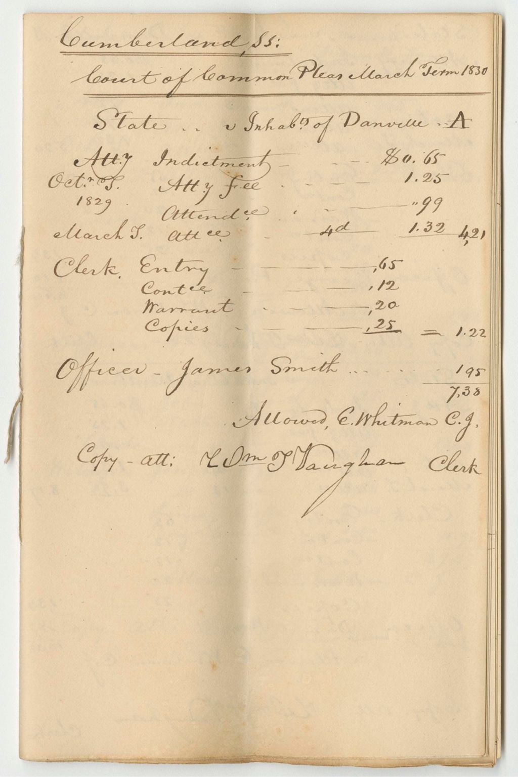 Miniature of Bills of Costs at the Court of Common Pleas in Cumberland County, March Term 1830