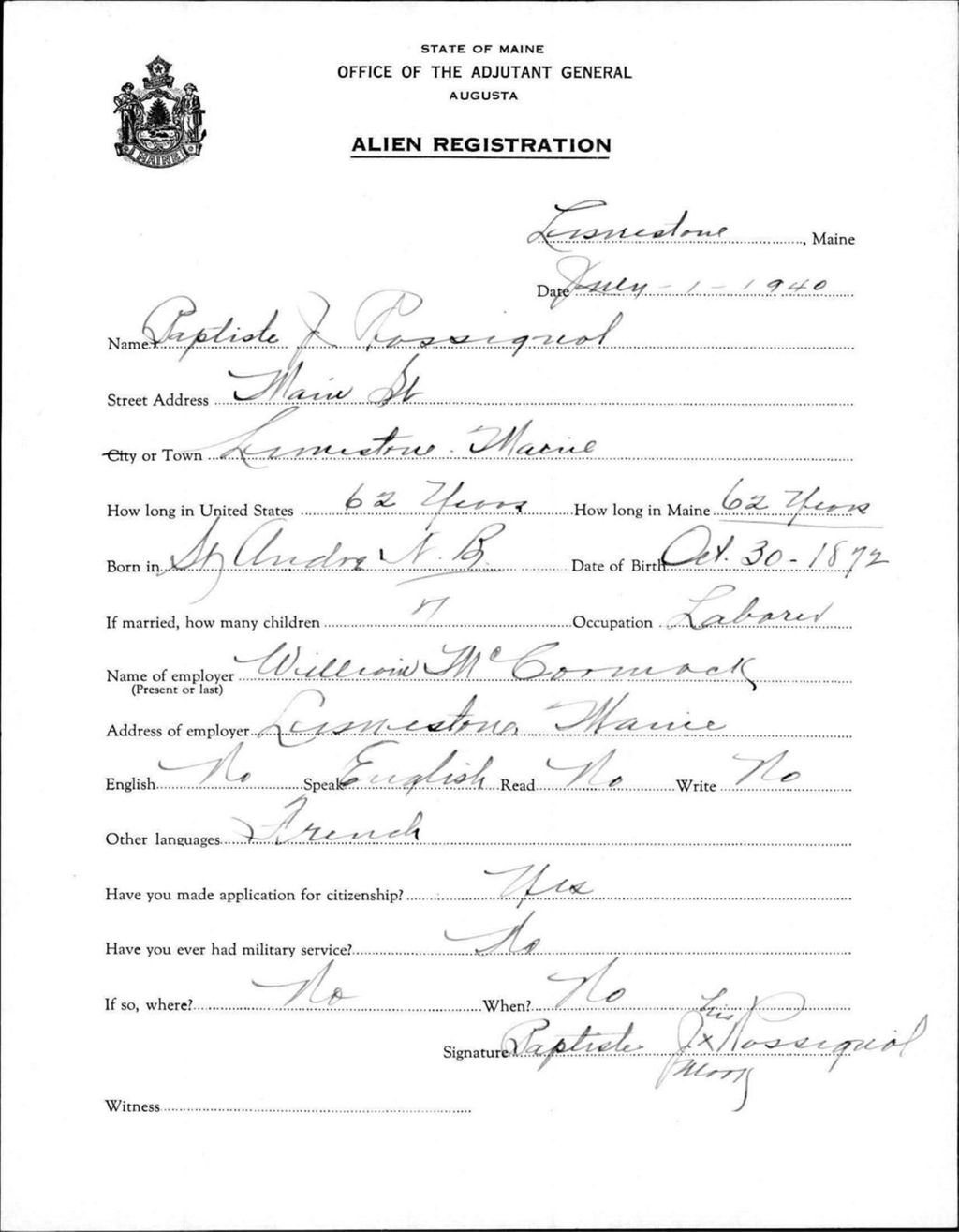 Miniature of Alien Registration- Rossignol, Baptiste J. (Limestone, Aroostook County)