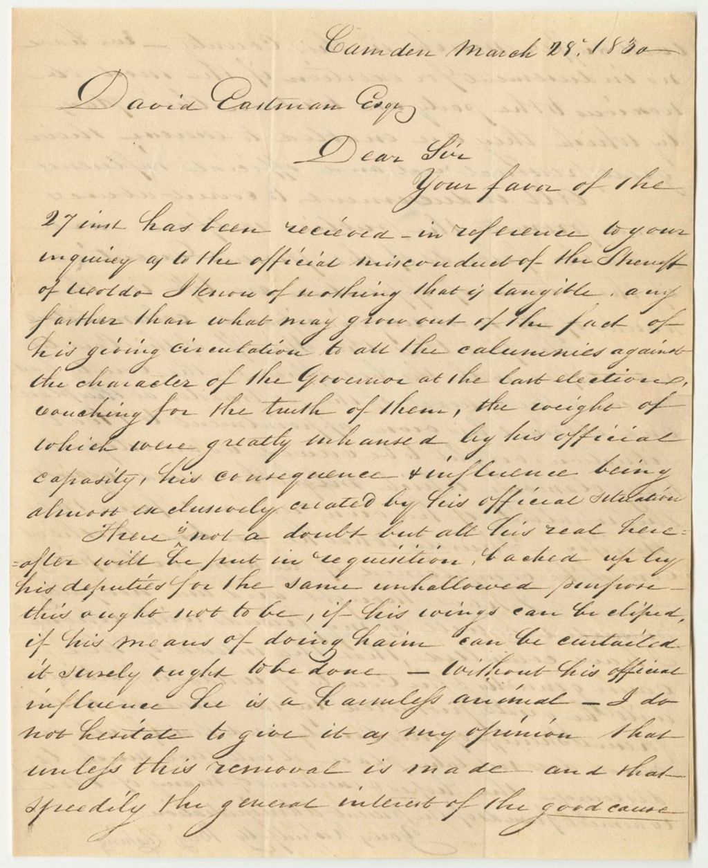 Miniature of Letter from Benjamin Cushing to David Eastman, in Relation to the Misconduct of Sheriff Hall
