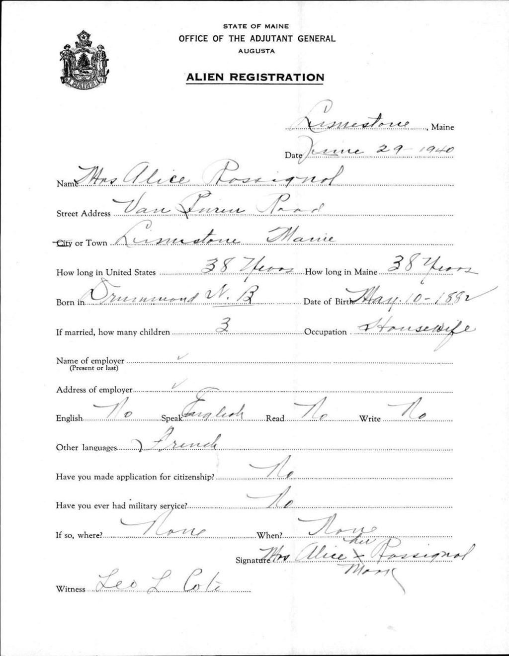 Miniature of Alien Registration- Rossignol, Alice (Limestone, Aroostook County)