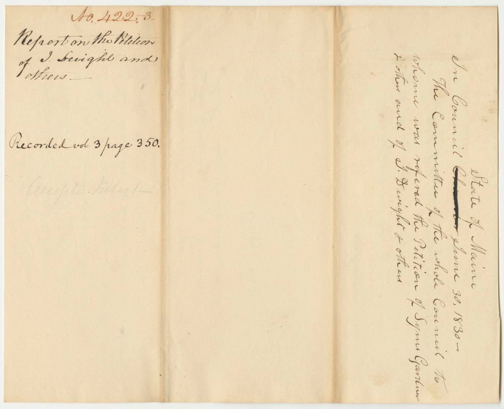Miniature of Report 422-423: Report on the Petition of I. Dwight and Others Regarding the Inspector of Lime and Lime Casks in Thomaston