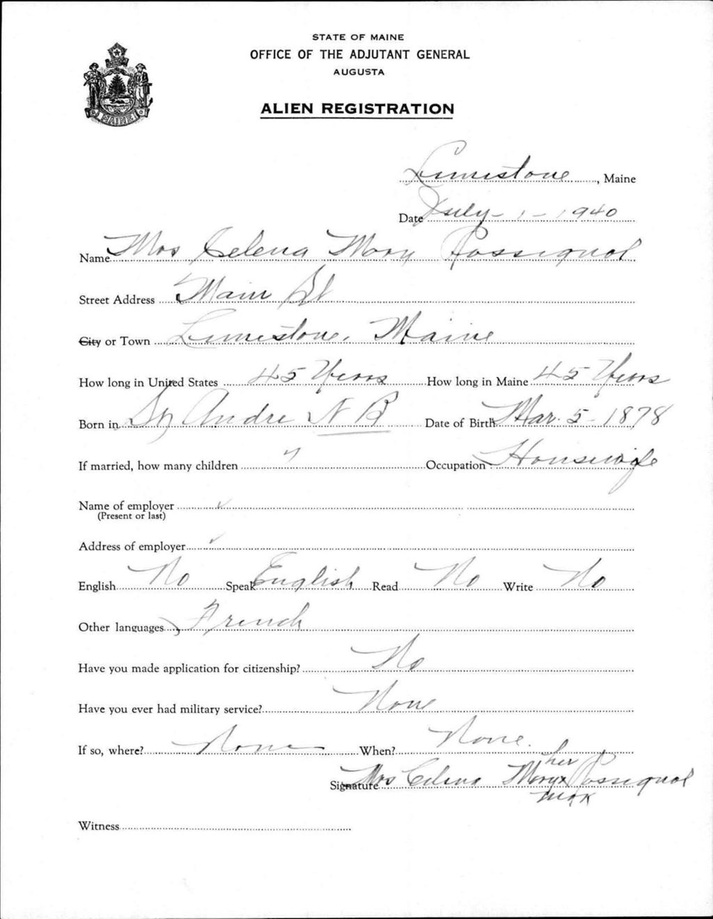 Miniature of Alien Registration- Rossignol, Celena M. (Limestone, Aroostook County)