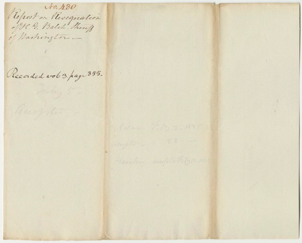 Miniature of Report 430: Report on the Resignation of Horatio G. Balch, Washington County Sheriff