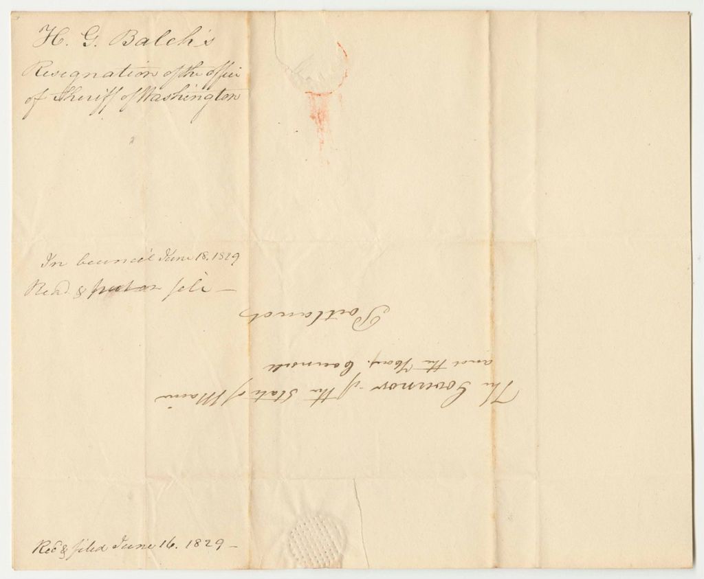Miniature of Horatio G. Balch's Resignation of the Office of Sheriff of Washington County