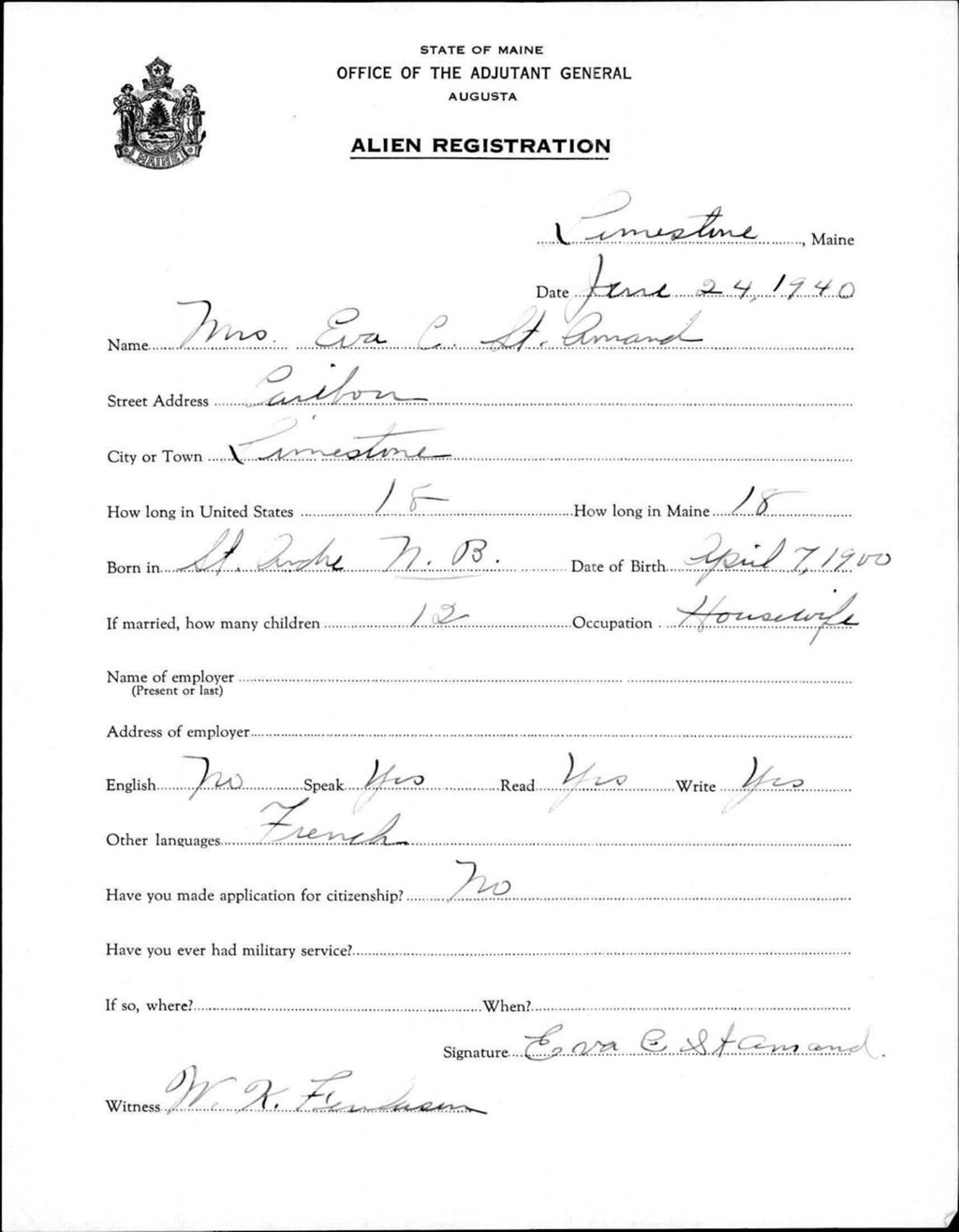 Miniature of Alien Registration- St Amand, Eva C. (Limestone, Aroostook County)
