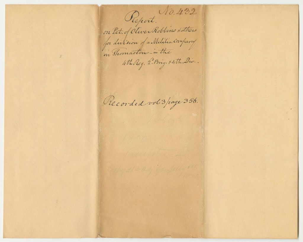 Miniature of Report 432: Report on the Petition of Oliver Rubbins and Others for a Division of the Militia Company in Thomaston