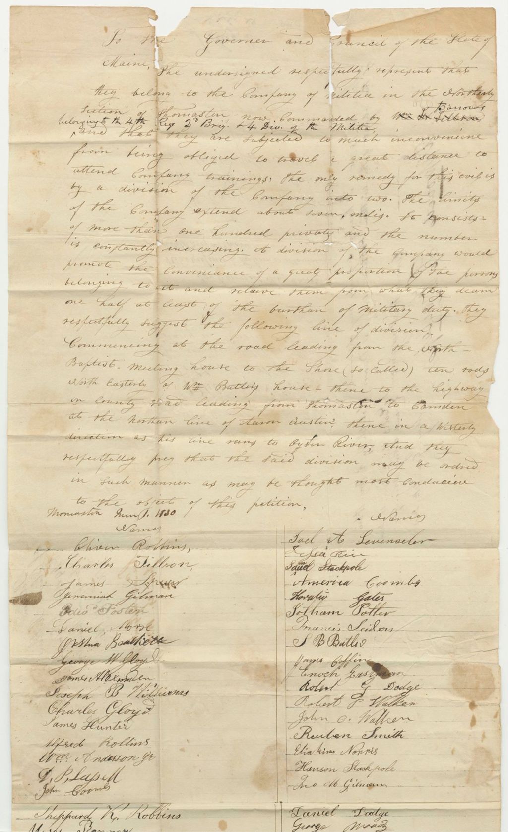 Miniature of Petition of Oliver Rubbins and Others for a Division of the Militia Company in Thomaston