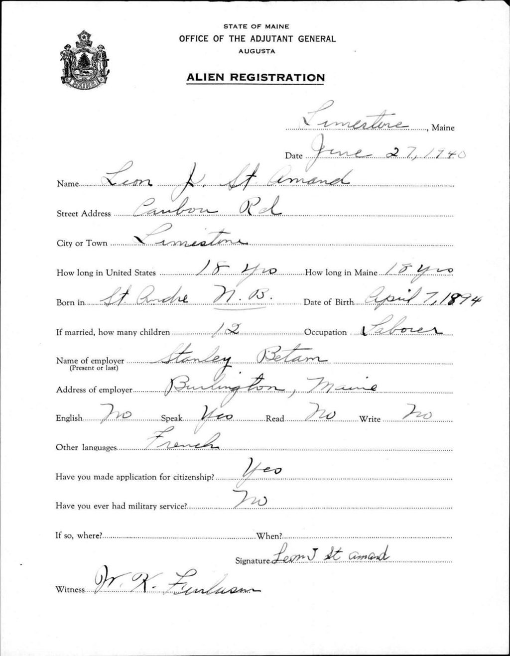 Miniature of Alien Registration- St Amand, Leon J. (Limestone, Aroostook County)