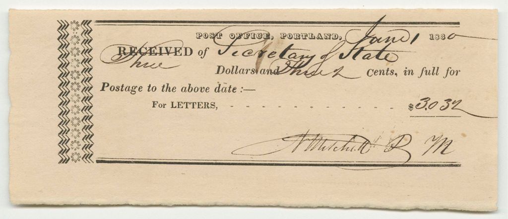 Miniature of Portland Post-Office's Bill for the Secretary of State