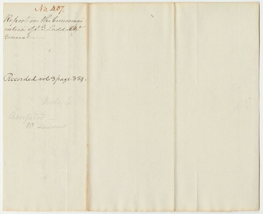 Miniature of Report 437: Report on the Communication of Samuel G. Ladd, Adjutant General for Removal of Ordinance from Mount Joy