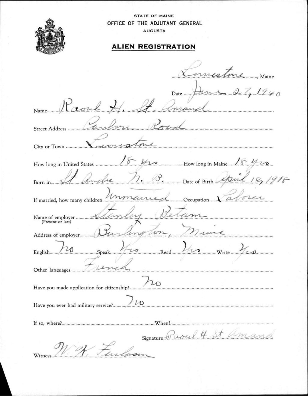 Miniature of Alien Registration- St Amand, Raoul H. (Limestone, Aroostook County)