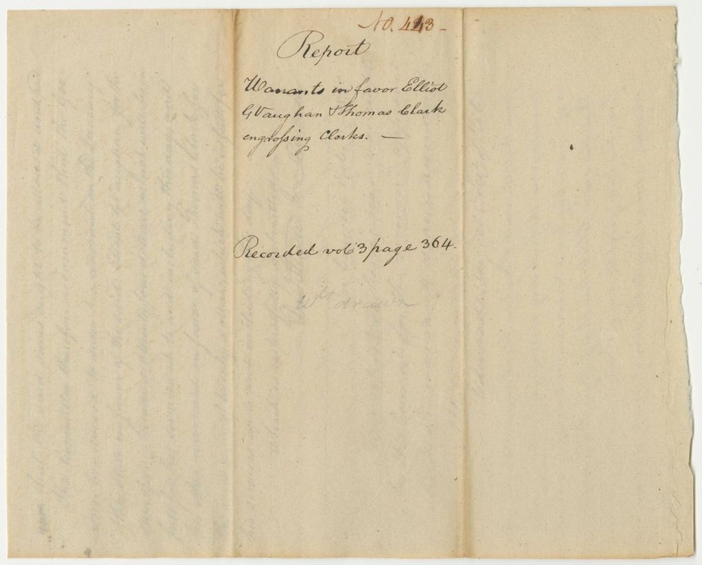 Miniature of Report 443: Report on the Warrant in Favor of Elliot G. Vaughan and Thomas Clark, Engrossing Clerks