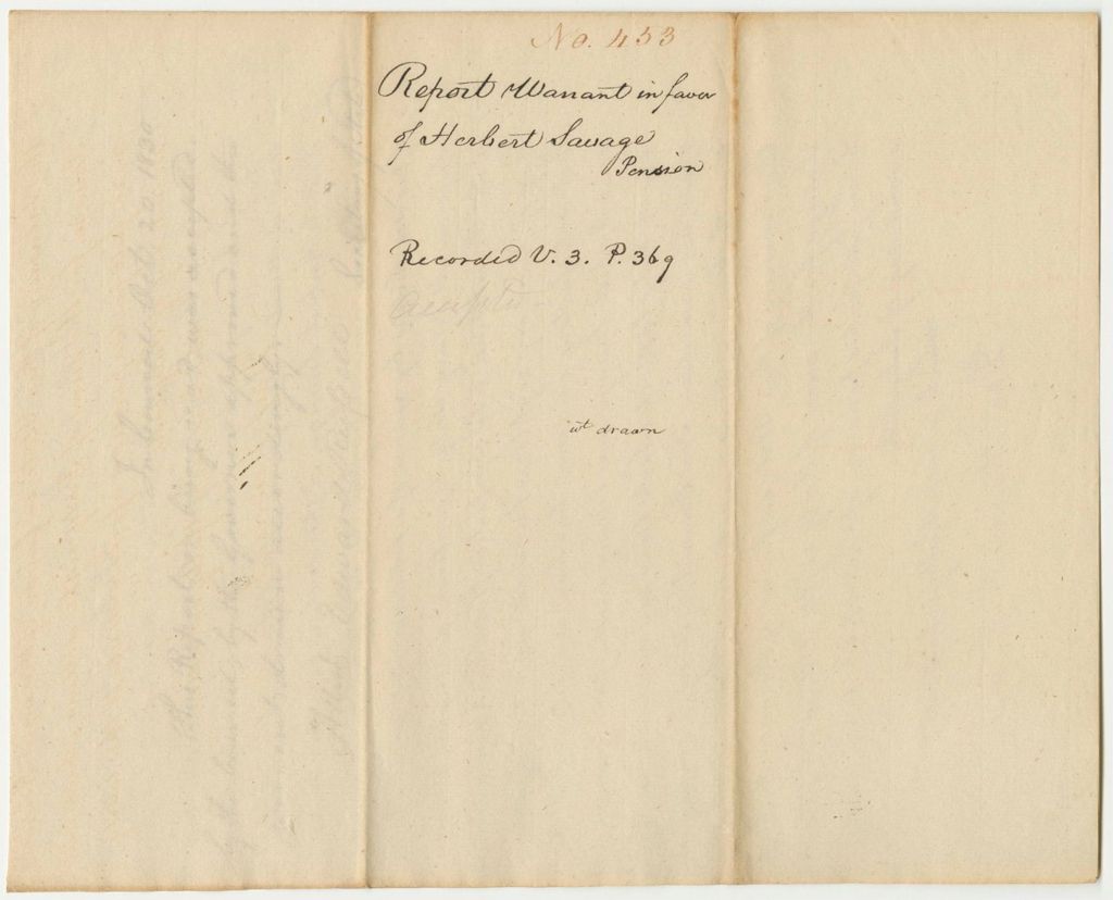 Miniature of Report 453: Report on the Warrant in Favor of Herbert Savage for a Pension