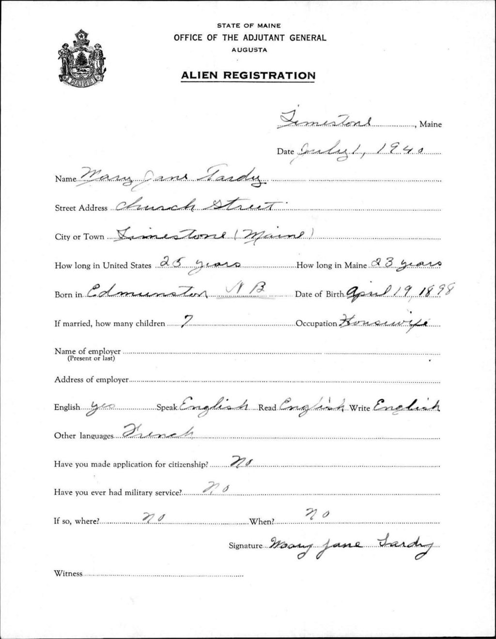 Miniature of Alien Registration- Tardy, Mary J. (Limestone, Aroostook County)