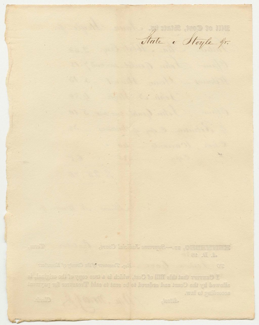 Miniature of Bill of Cost, State of Maine v. Aaron Stoyle, Jr., at the Supreme Judicial Court in Kennebec, October Term 1830