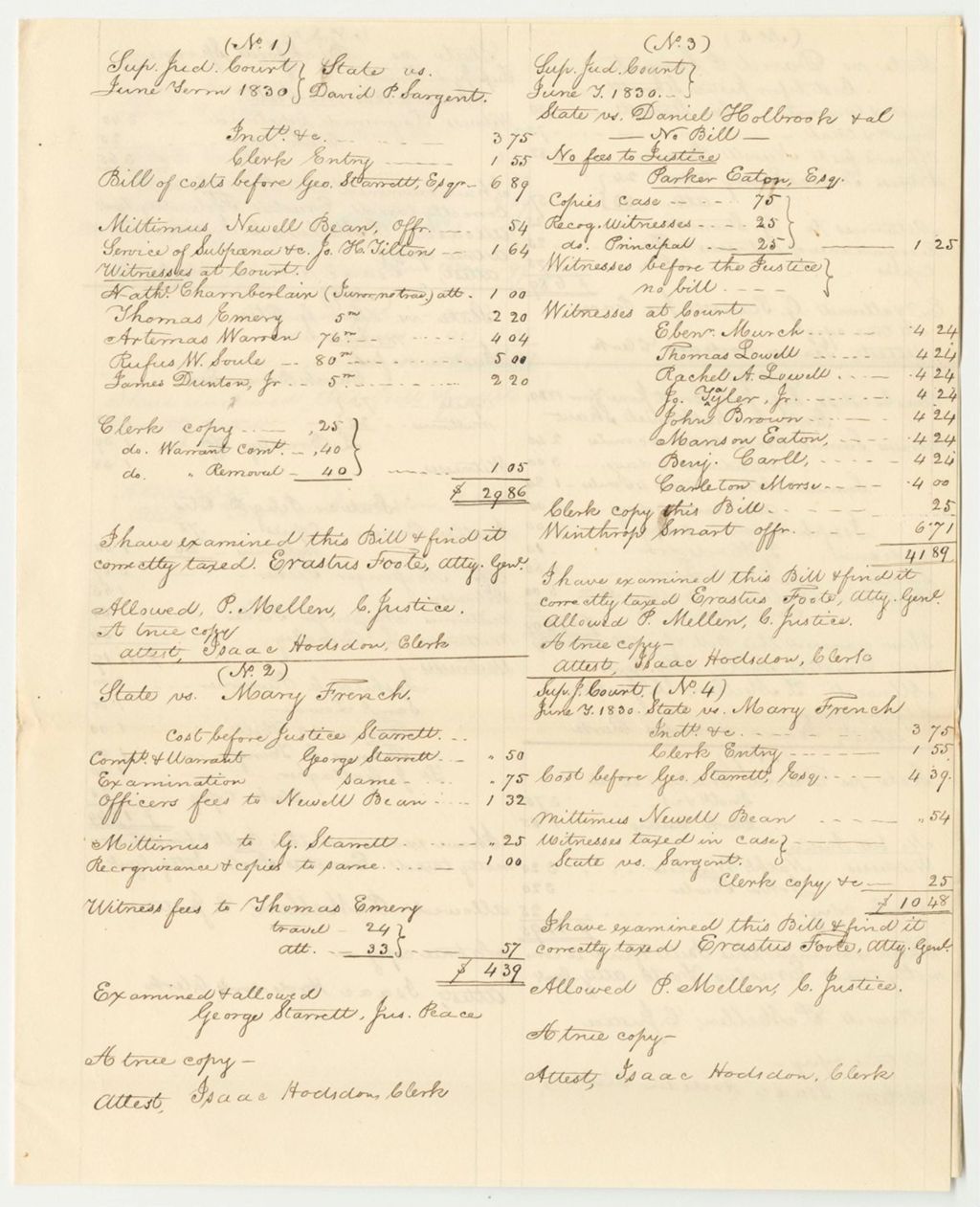 Miniature of Bills of Cost in Criminal Prosecution, at the Supreme Judicial Court at Bangor in the County of Penobscot, June Term 1830