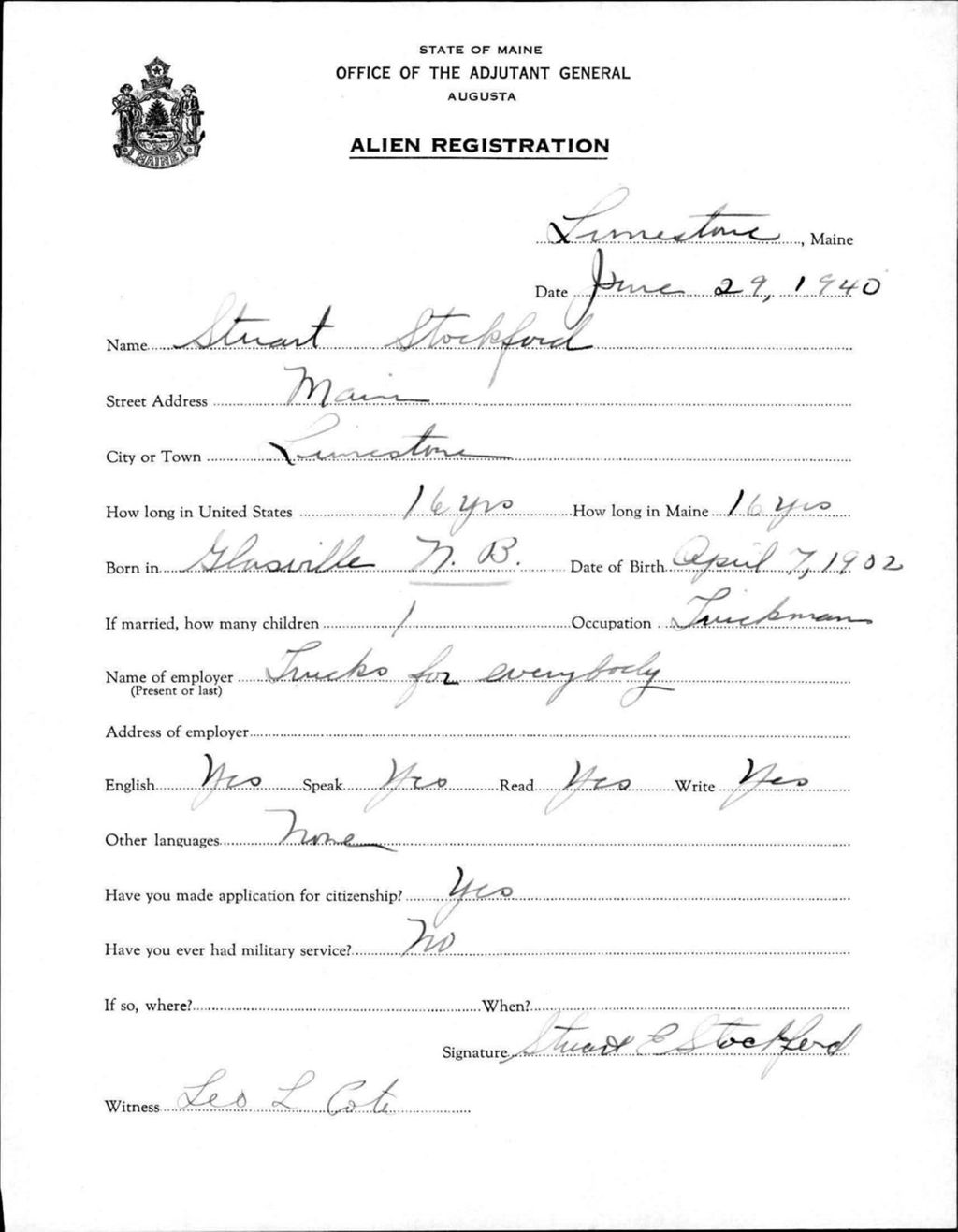 Miniature of Alien Registration- Stockford, Stuart (Limestone, Aroostook County)