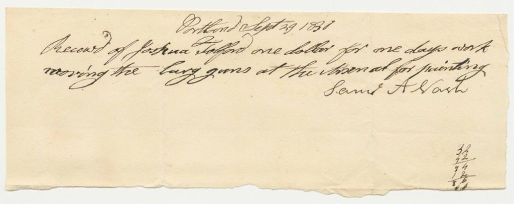 Miniature of Samuel A. Nash's Receipt for Work at the Arsenal, Paid by Joshua Tolford