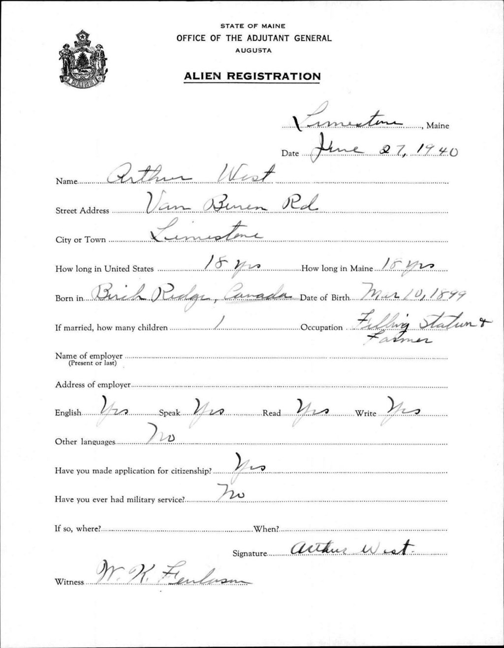 Miniature of Alien Registration- West, Arthur (Limestone, Aroostook County)