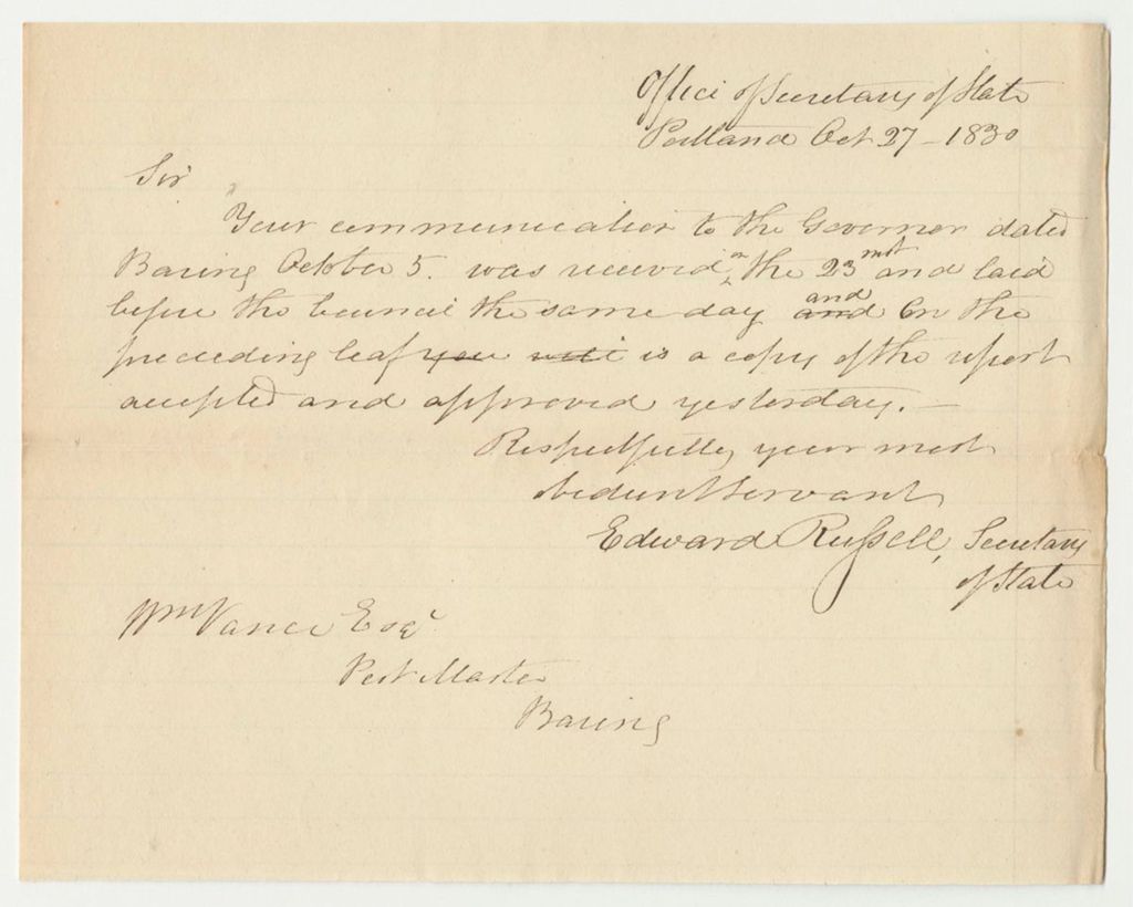 Miniature of Note from Edward Russell to William Vance, in Response to His Communication Dated October 5th 1830