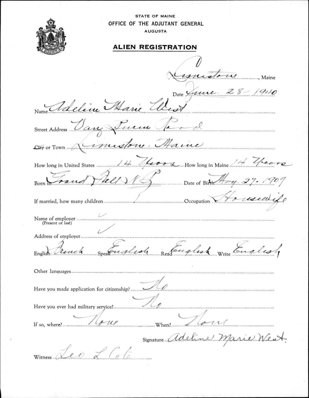 Miniature of Alien Registration- West, Adeline M. (Limestone, Aroostook County)