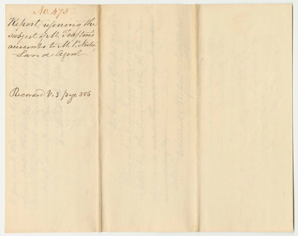 Miniature of Report 475: Report Referring the Subject of Mark Trafton's Accounts to M.P. Norton, Land Agent